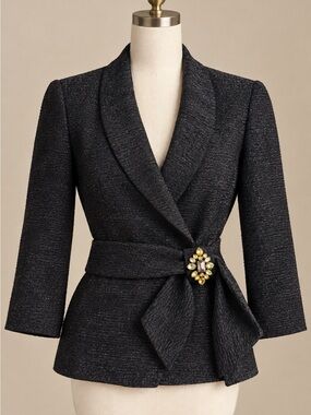 Alex Evenings Black Textured Evening Blazer with Gem-Embellished Belt